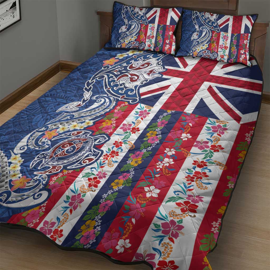Hawaiian Manta Ray and Turtle Tribal Tattoo Quilt Bed Set With Hawaii Flag and Flowers