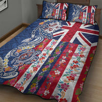 Hawaiian Manta Ray and Turtle Tribal Tattoo Quilt Bed Set With Hawaii Flag and Flowers