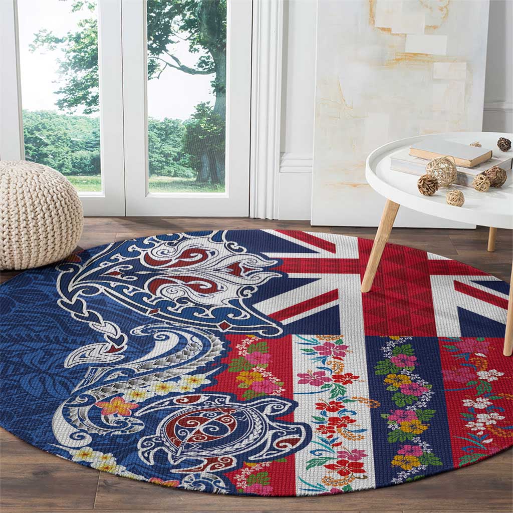 Hawaiian Manta Ray and Turtle Tribal Tattoo Round Carpet With Hawaii Flag and Flowers
