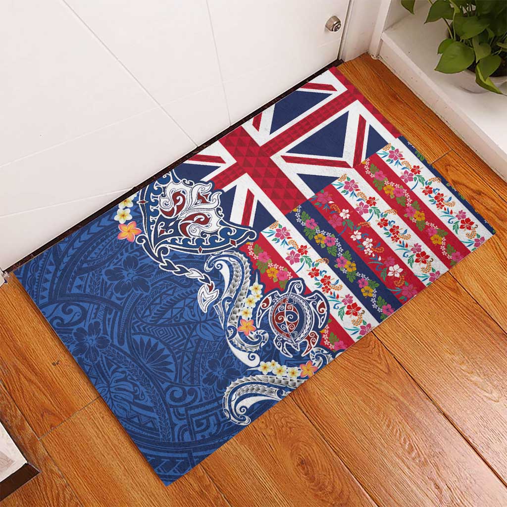 Hawaiian Manta Ray and Turtle Tribal Tattoo Rubber Doormat With Hawaii Flag and Flowers