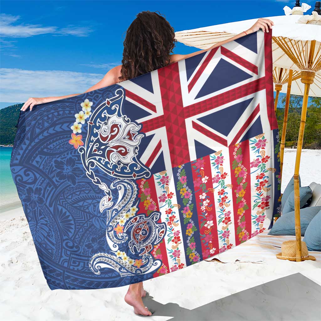 Hawaiian Manta Ray and Turtle Tribal Tattoo Sarong With Hawaii Flag and Flowers