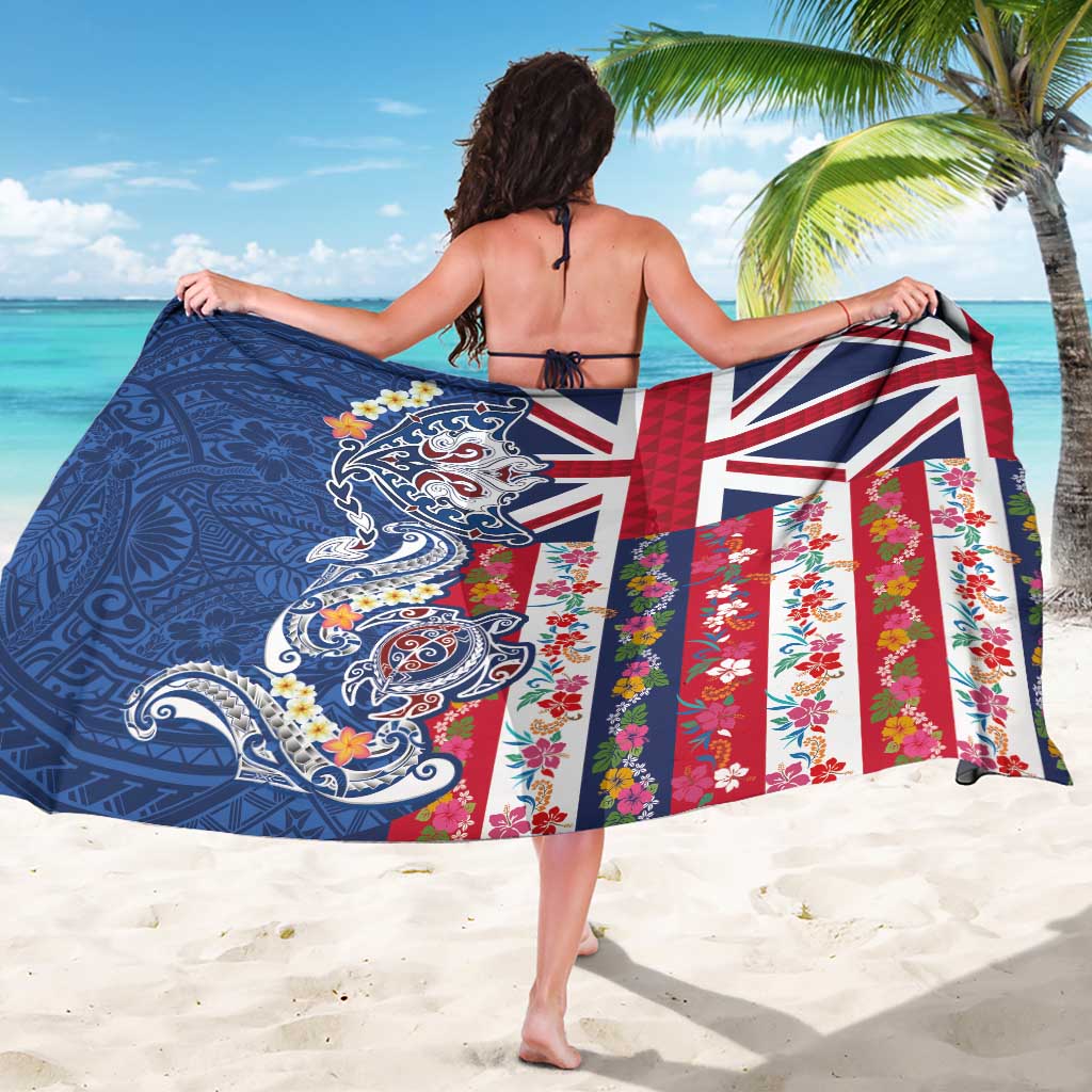Hawaiian Manta Ray and Turtle Tribal Tattoo Sarong With Hawaii Flag and Flowers