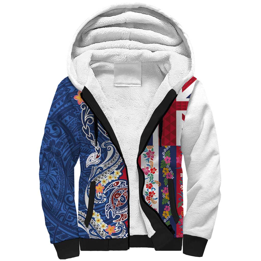 Hawaiian Manta Ray and Turtle Tribal Tattoo Sherpa Hoodie With Hawaii Flag and Flowers