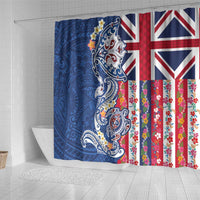 Hawaiian Manta Ray and Turtle Tribal Tattoo Shower Curtain With Hawaii Flag and Flowers