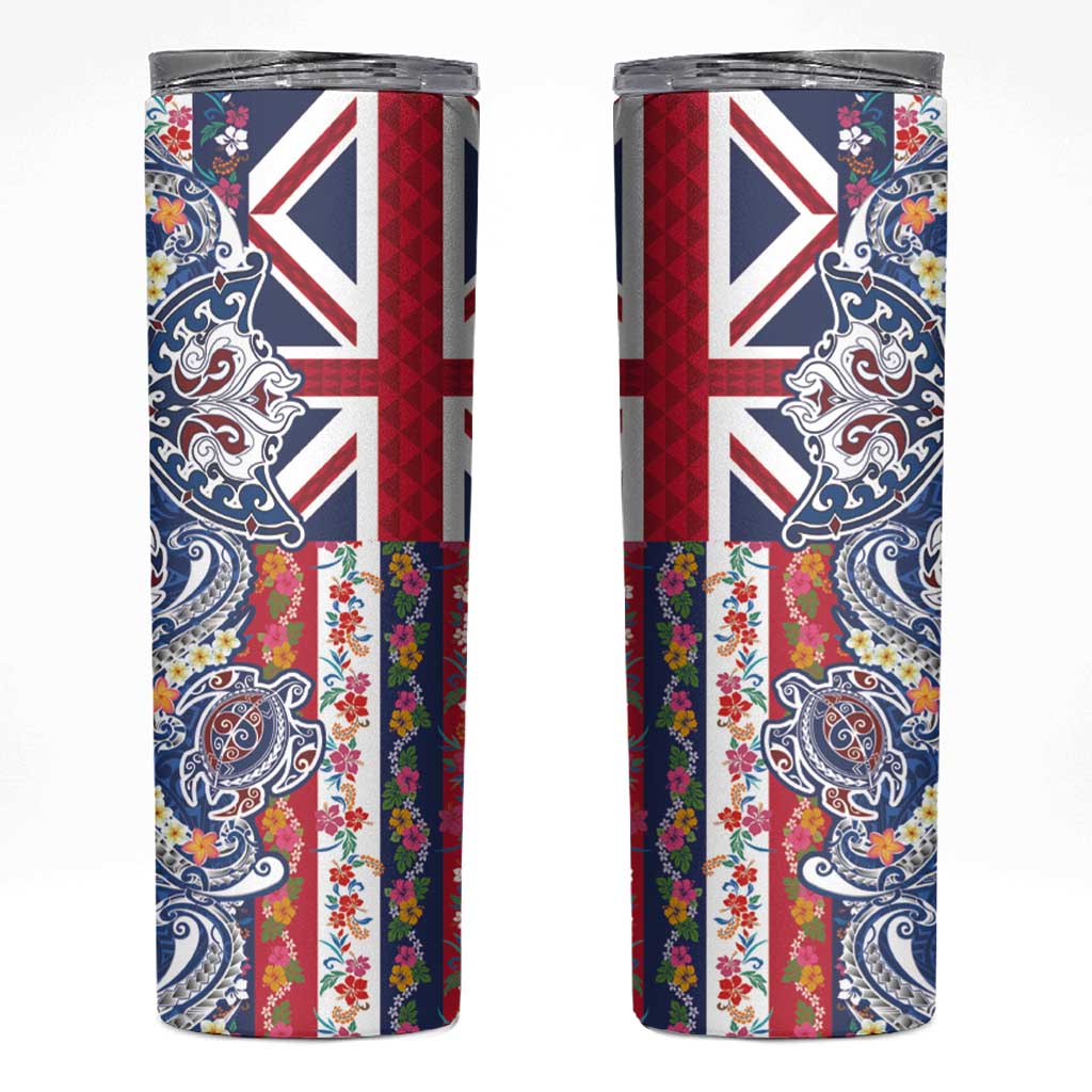 Hawaiian Manta Ray and Turtle Tribal Tattoo Skinny Tumbler With Hawaii Flag and Flowers