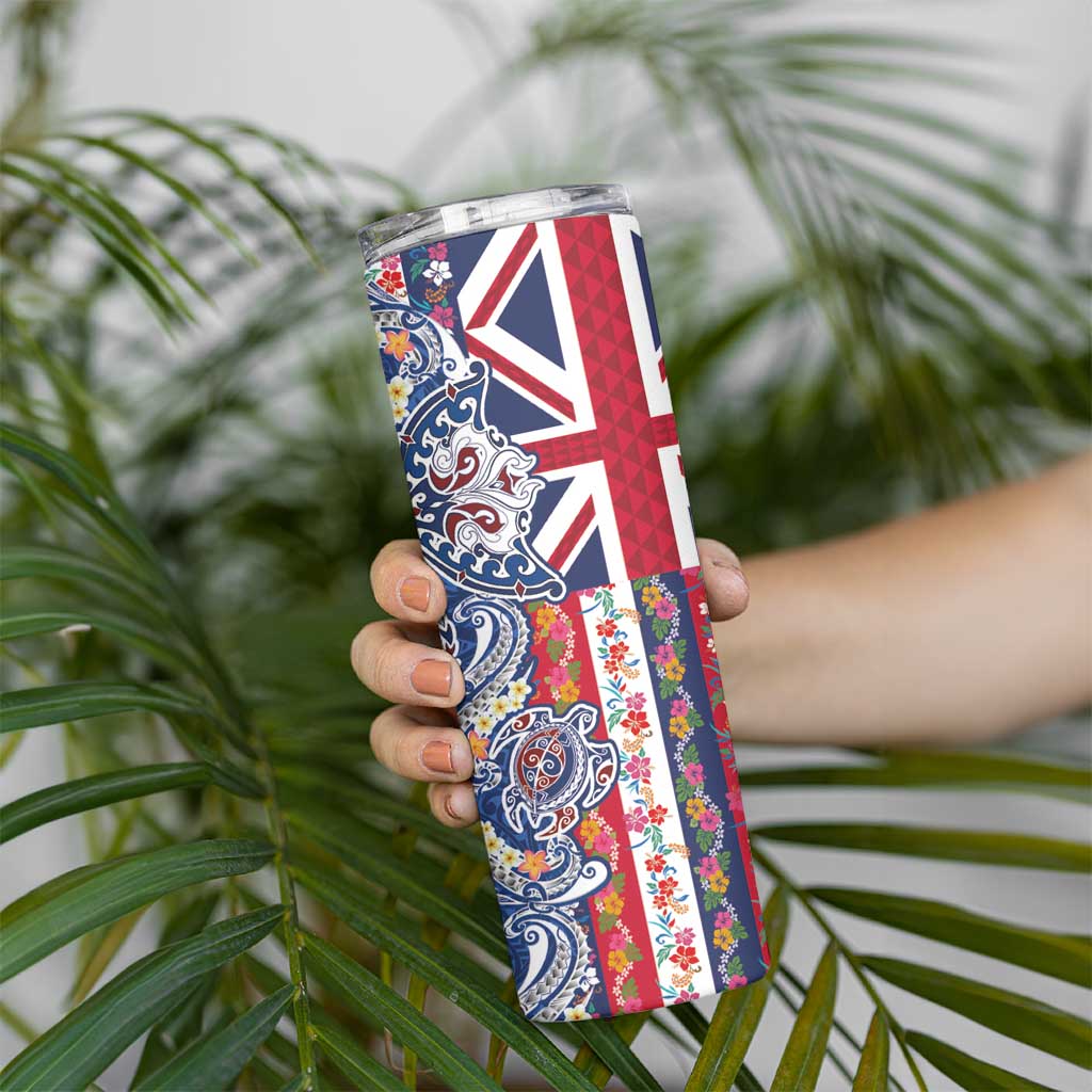 Hawaiian Manta Ray and Turtle Tribal Tattoo Skinny Tumbler With Hawaii Flag and Flowers LT03 - Polynesian Pride