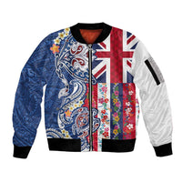 Hawaiian Manta Ray and Turtle Tribal Tattoo Sleeve Zip Bomber Jacket With Hawaii Flag and Flowers