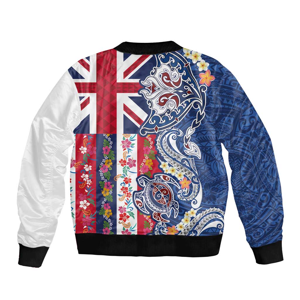 Hawaiian Manta Ray and Turtle Tribal Tattoo Sleeve Zip Bomber Jacket With Hawaii Flag and Flowers