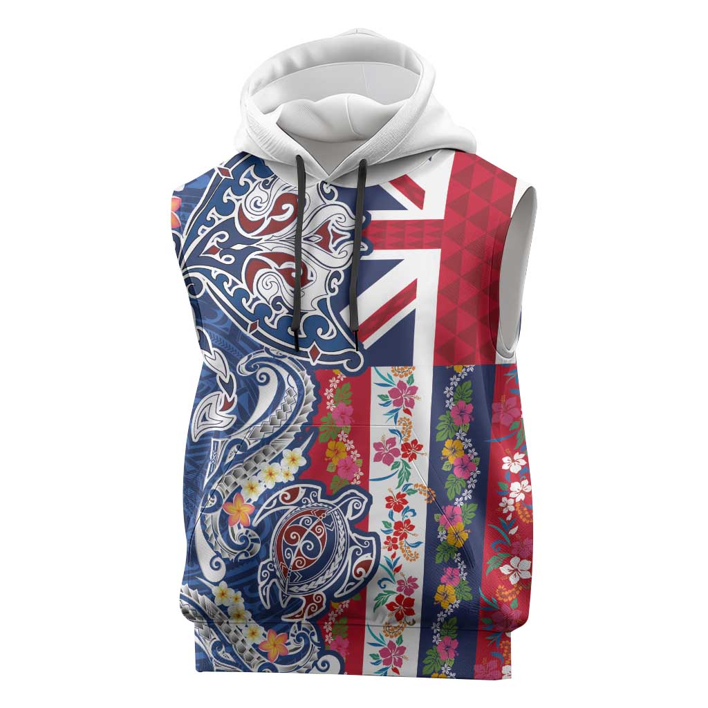 Hawaiian Manta Ray and Turtle Tribal Tattoo Sleeveless Hoodie With Hawaii Flag and Flowers