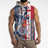 Hawaiian Manta Ray and Turtle Tribal Tattoo Sleeveless Hoodie With Hawaii Flag and Flowers