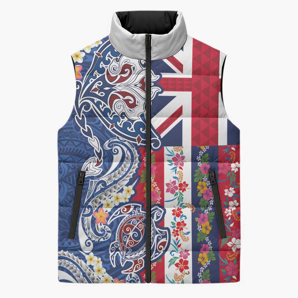 Hawaiian Manta Ray and Turtle Tribal Tattoo Sleeveless Puffer Jacket With Hawaii Flag and Flowers