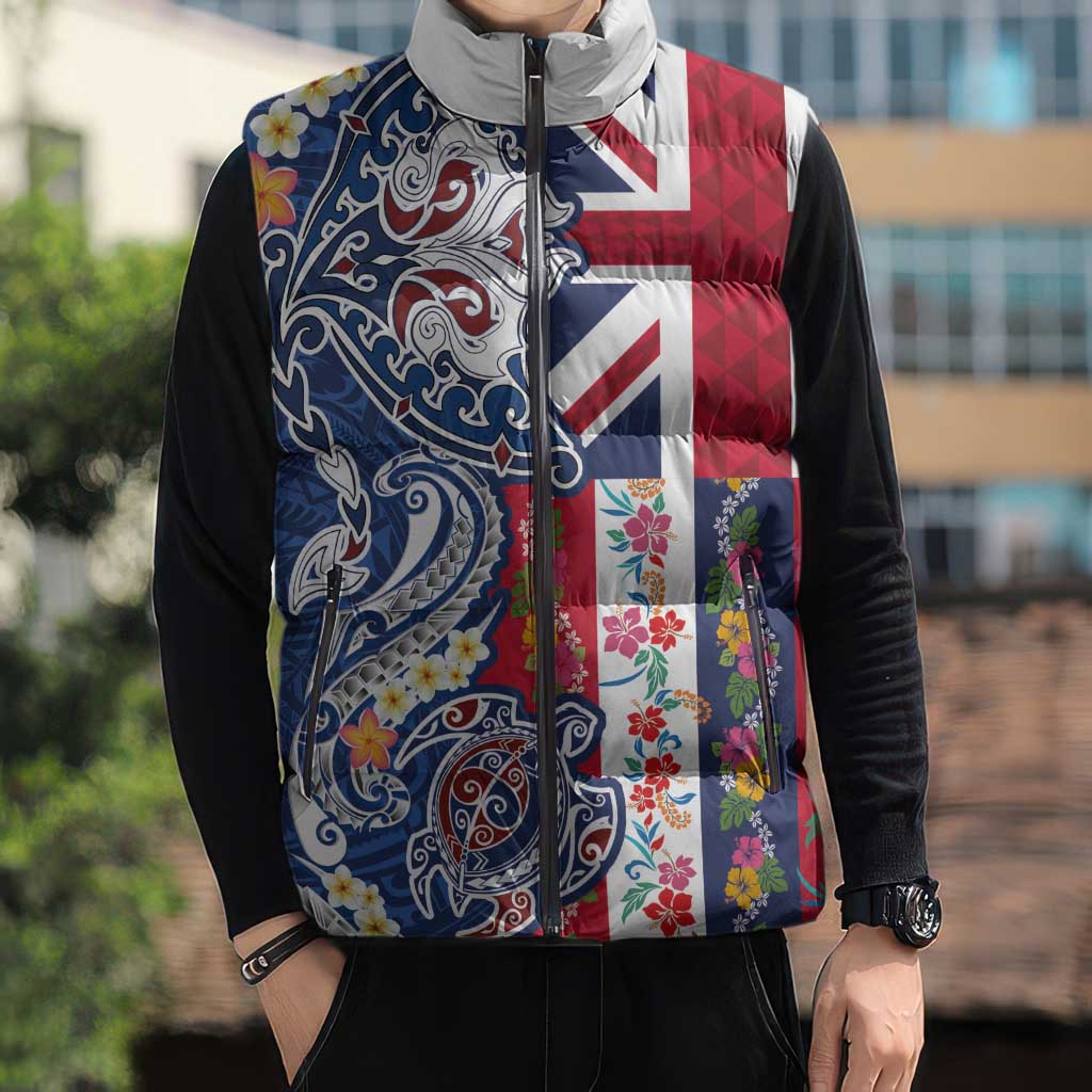 Hawaiian Manta Ray and Turtle Tribal Tattoo Sleeveless Puffer Jacket With Hawaii Flag and Flowers