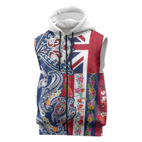 Hawaiian Manta Ray and Turtle Tribal Tattoo Sleeveless Zip Hoodie With Hawaii Flag and Flowers
