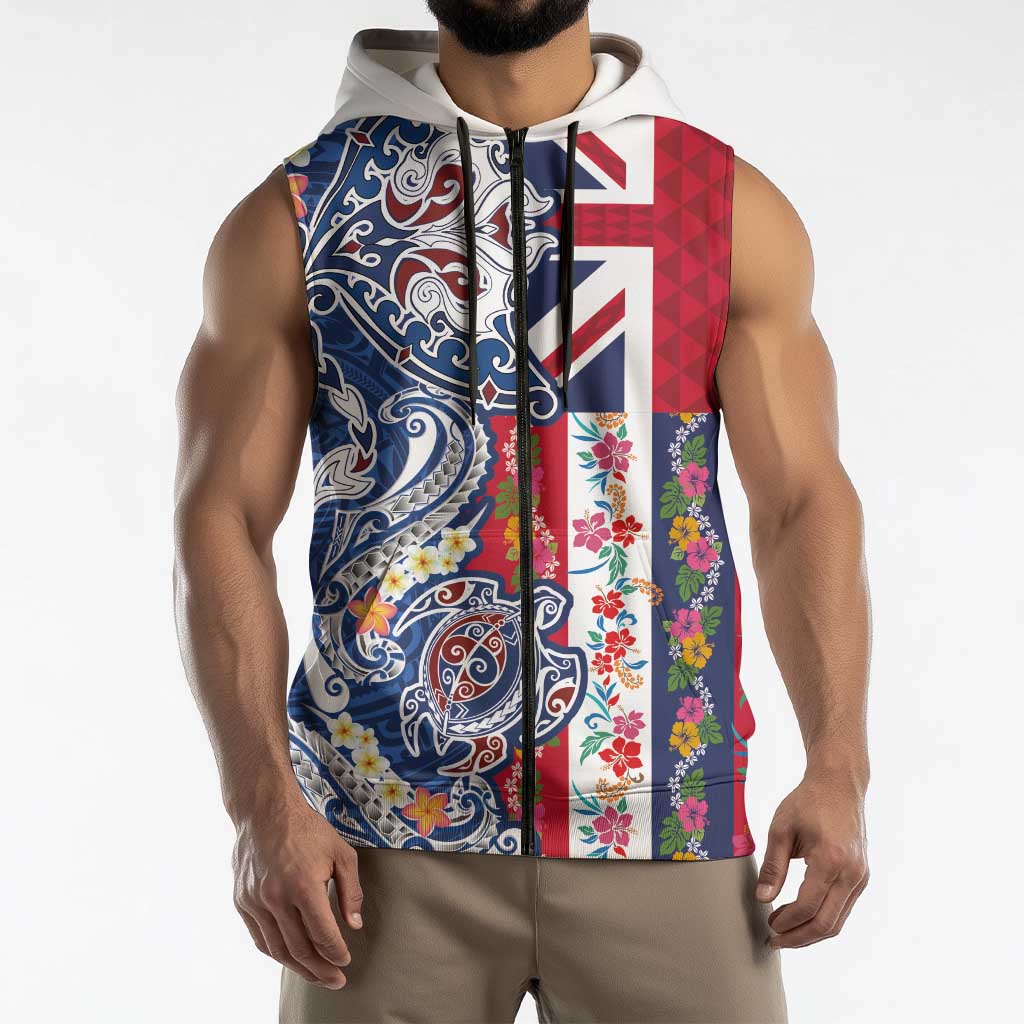 Hawaiian Manta Ray and Turtle Tribal Tattoo Sleeveless Zip Hoodie With Hawaii Flag and Flowers