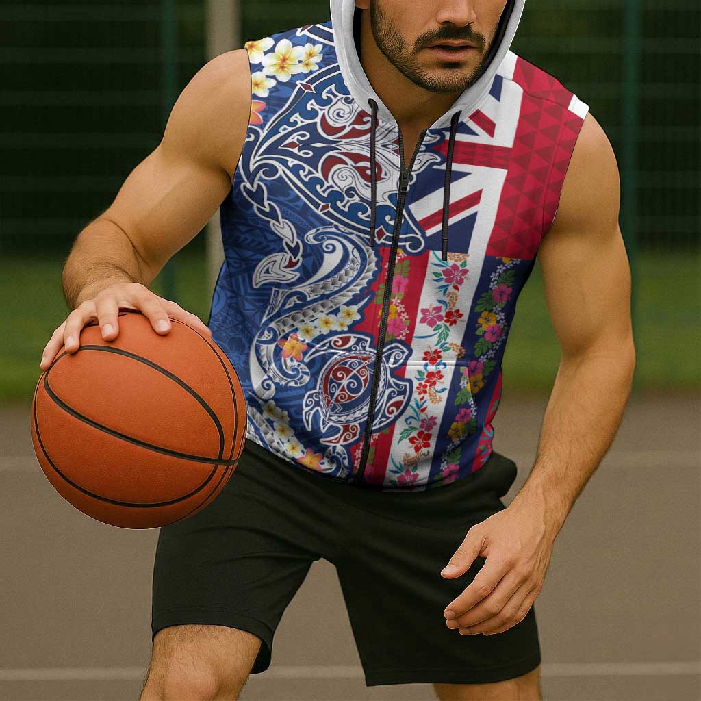 Hawaiian Manta Ray and Turtle Tribal Tattoo Sleeveless Zip Hoodie With Hawaii Flag and Flowers