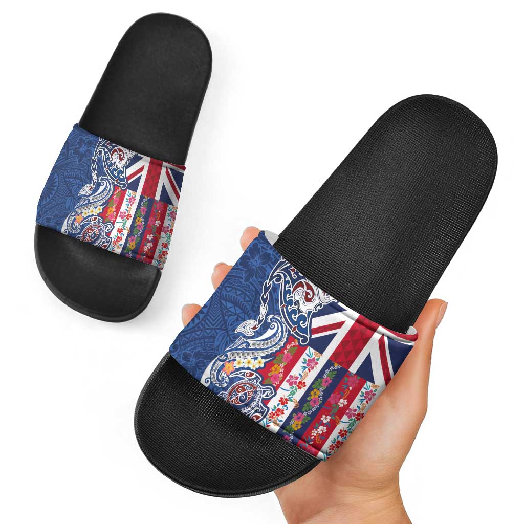 Hawaiian Manta Ray and Turtle Tribal Tattoo Slide Sandals With Hawaii Flag and Flowers