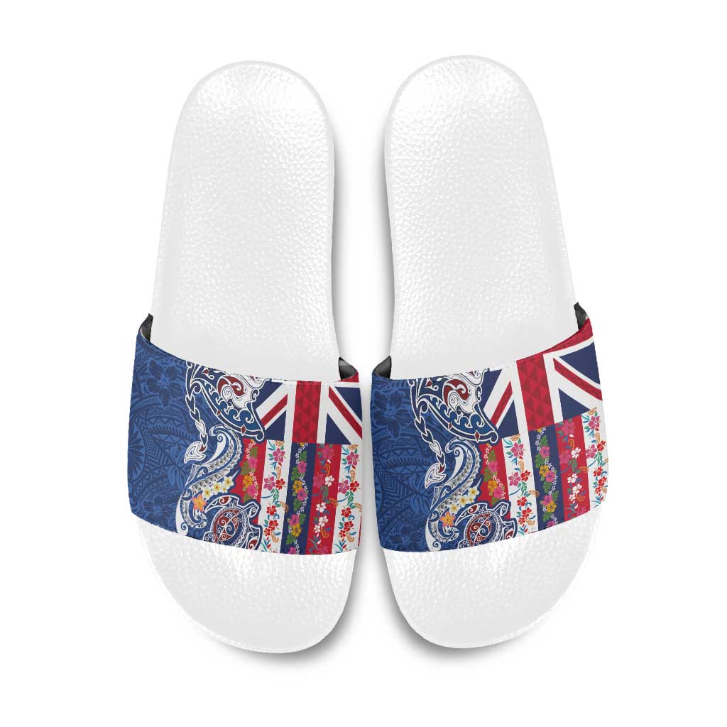 Hawaiian Manta Ray and Turtle Tribal Tattoo Slide Sandals With Hawaii Flag and Flowers