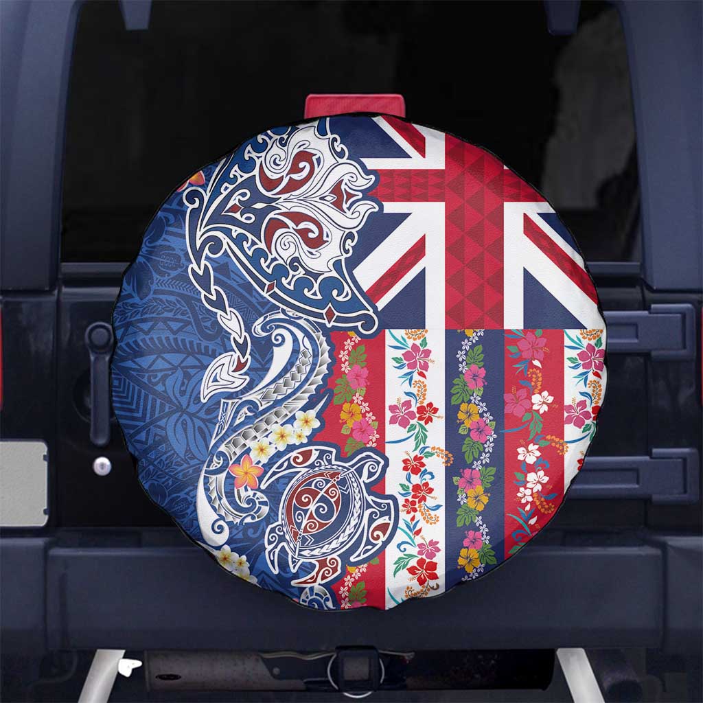 Hawaiian Manta Ray and Turtle Tribal Tattoo Spare Tire Cover With Hawaii Flag and Flowers