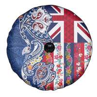 Hawaiian Manta Ray and Turtle Tribal Tattoo Spare Tire Cover With Hawaii Flag and Flowers