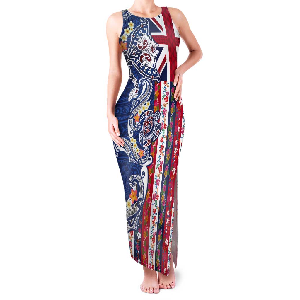 Hawaiian Manta Ray and Turtle Tribal Tattoo Tank Maxi Dress With Hawaii Flag and Flowers