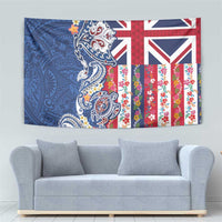 Hawaiian Manta Ray and Turtle Tribal Tattoo Tapestry With Hawaii Flag and Flowers