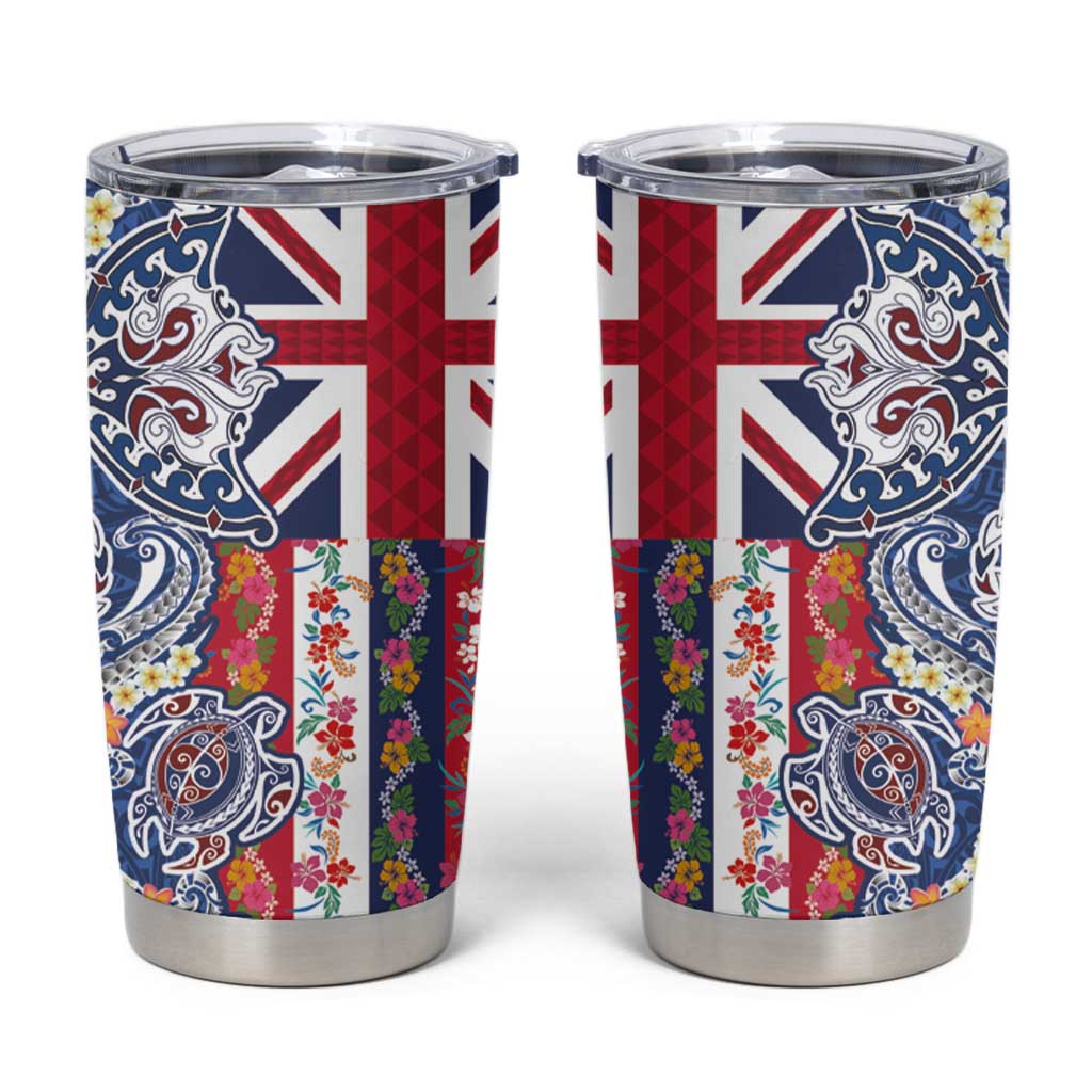 Hawaiian Manta Ray and Turtle Tribal Tattoo Tumbler Cup With Hawaii Flag and Flowers LT03 Multicolor - Polynesian Pride