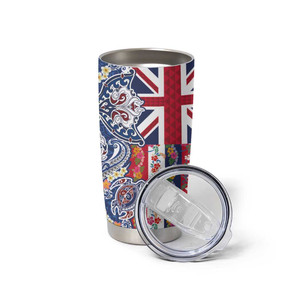 Hawaiian Manta Ray and Turtle Tribal Tattoo Tumbler Cup With Hawaii Flag and Flowers LT03 - Polynesian Pride