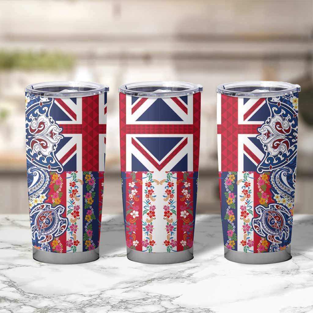 Hawaiian Manta Ray and Turtle Tribal Tattoo Tumbler Cup With Hawaii Flag and Flowers LT03 - Polynesian Pride