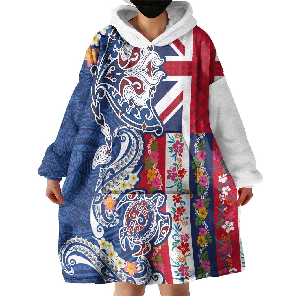 Hawaiian Manta Ray and Turtle Tribal Tattoo Wearable Blanket Hoodie With Hawaii Flag and Flowers LT03 - Polynesian Pride