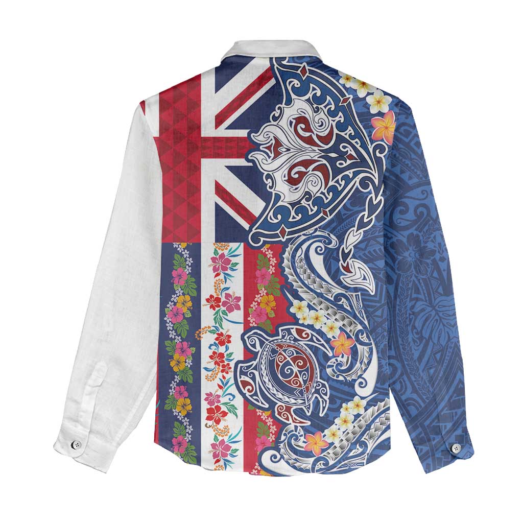 Hawaiian Manta Ray and Turtle Tribal Tattoo Women Casual Shirt With Hawaii Flag and Flowers LT03 - Polynesian Pride