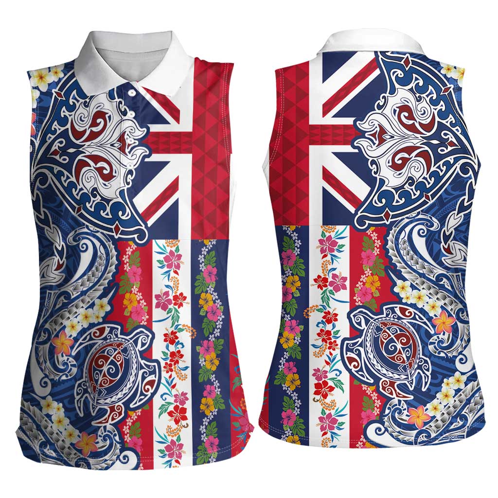 Hawaiian Manta Ray and Turtle Tribal Tattoo Women Sleeveless Polo Shirt With Hawaii Flag and Flowers LT03 - Polynesian Pride