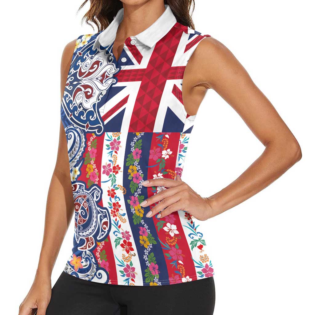 Hawaiian Manta Ray and Turtle Tribal Tattoo Women Sleeveless Polo Shirt With Hawaii Flag and Flowers LT03 - Polynesian Pride