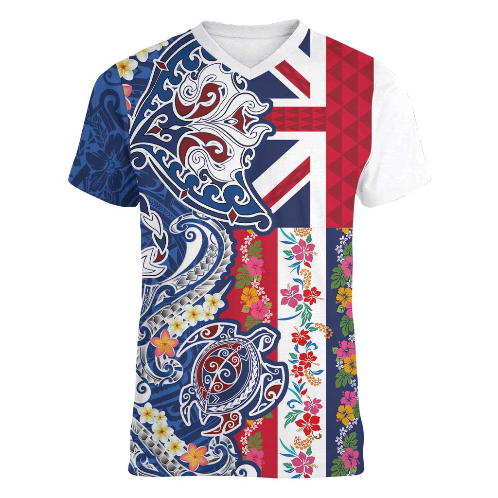 Hawaiian Manta Ray and Turtle Tribal Tattoo Women V-Neck T-Shirt With Hawaii Flag and Flowers