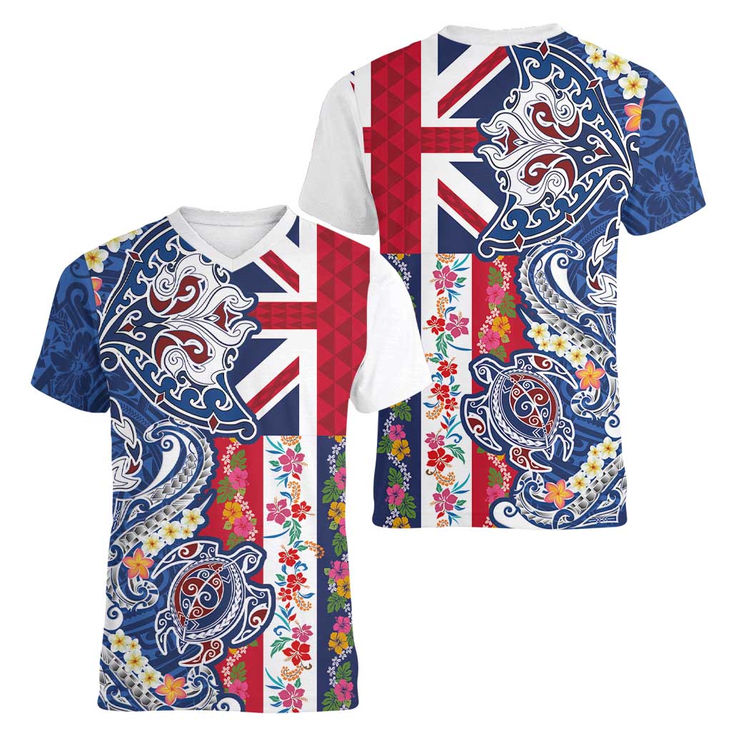 Hawaiian Manta Ray and Turtle Tribal Tattoo Women V-Neck T-Shirt With Hawaii Flag and Flowers LT03 - Polynesian Pride