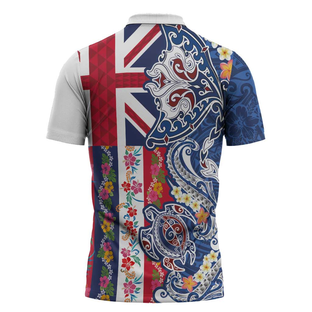 Hawaiian Manta Ray and Turtle Tribal Tattoo Zipper Polo Shirt With Hawaii Flag and Flowers
