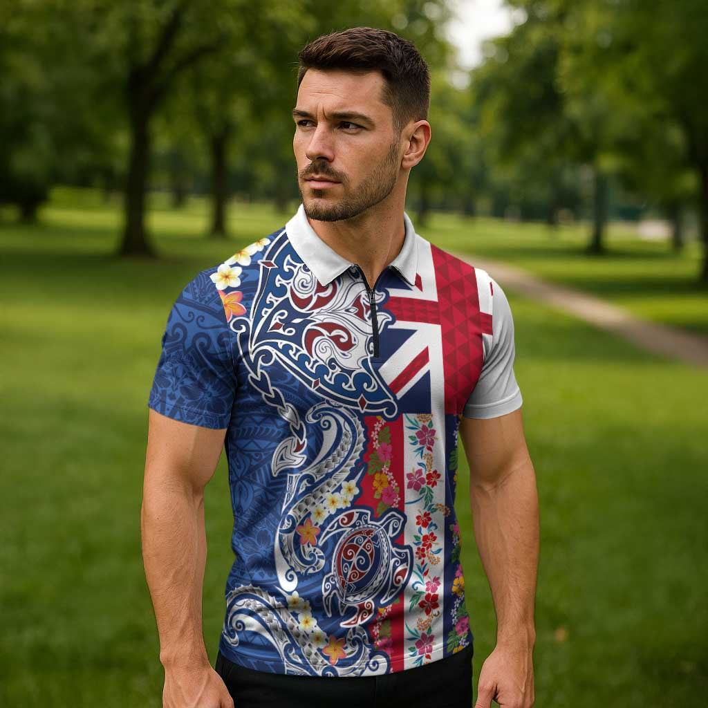 Hawaiian Manta Ray and Turtle Tribal Tattoo Zipper Polo Shirt With Hawaii Flag and Flowers