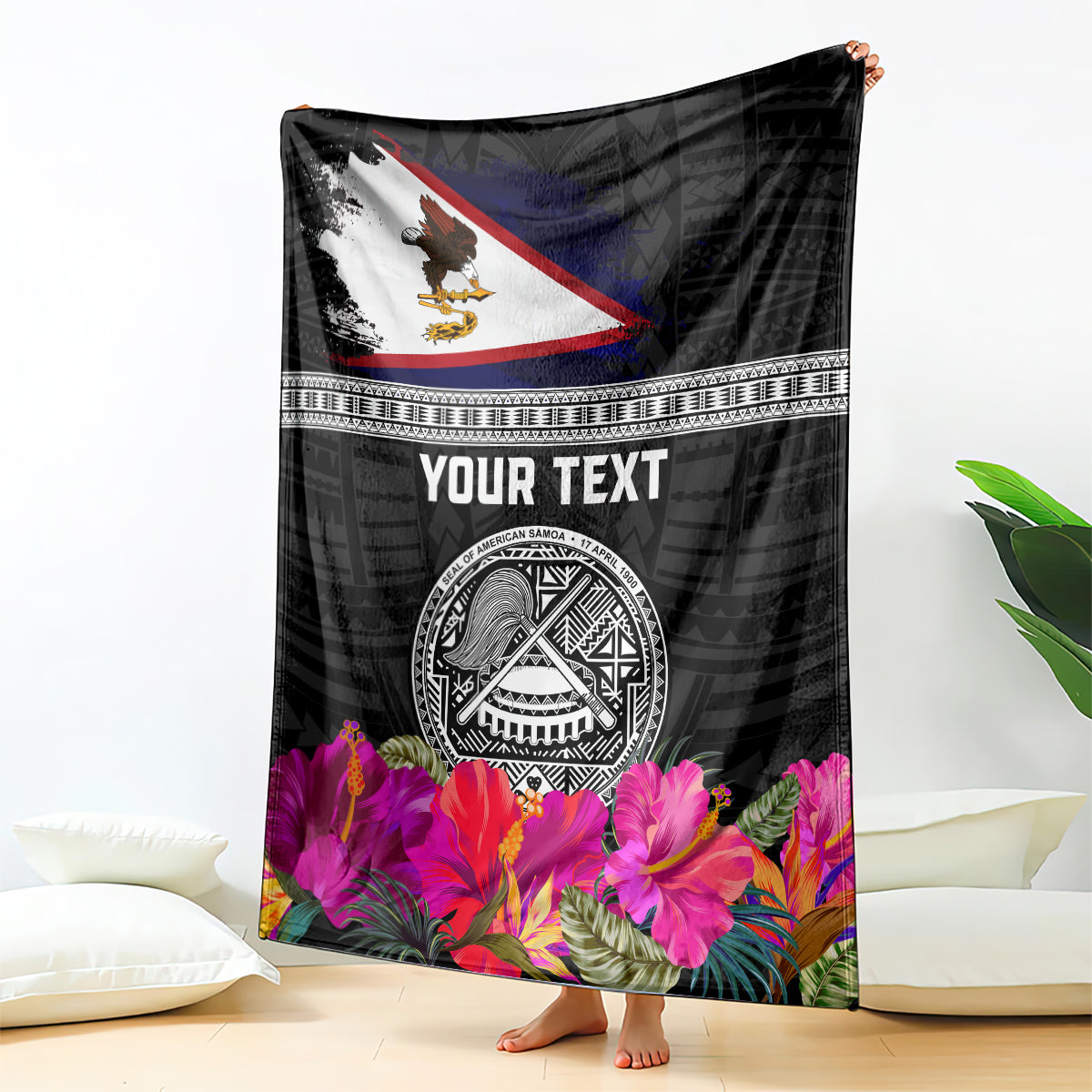 Personalized American Samoa Flag Day Blanket Tanoa and Fue mix Hibiscus Flower Polynesian Pattern
