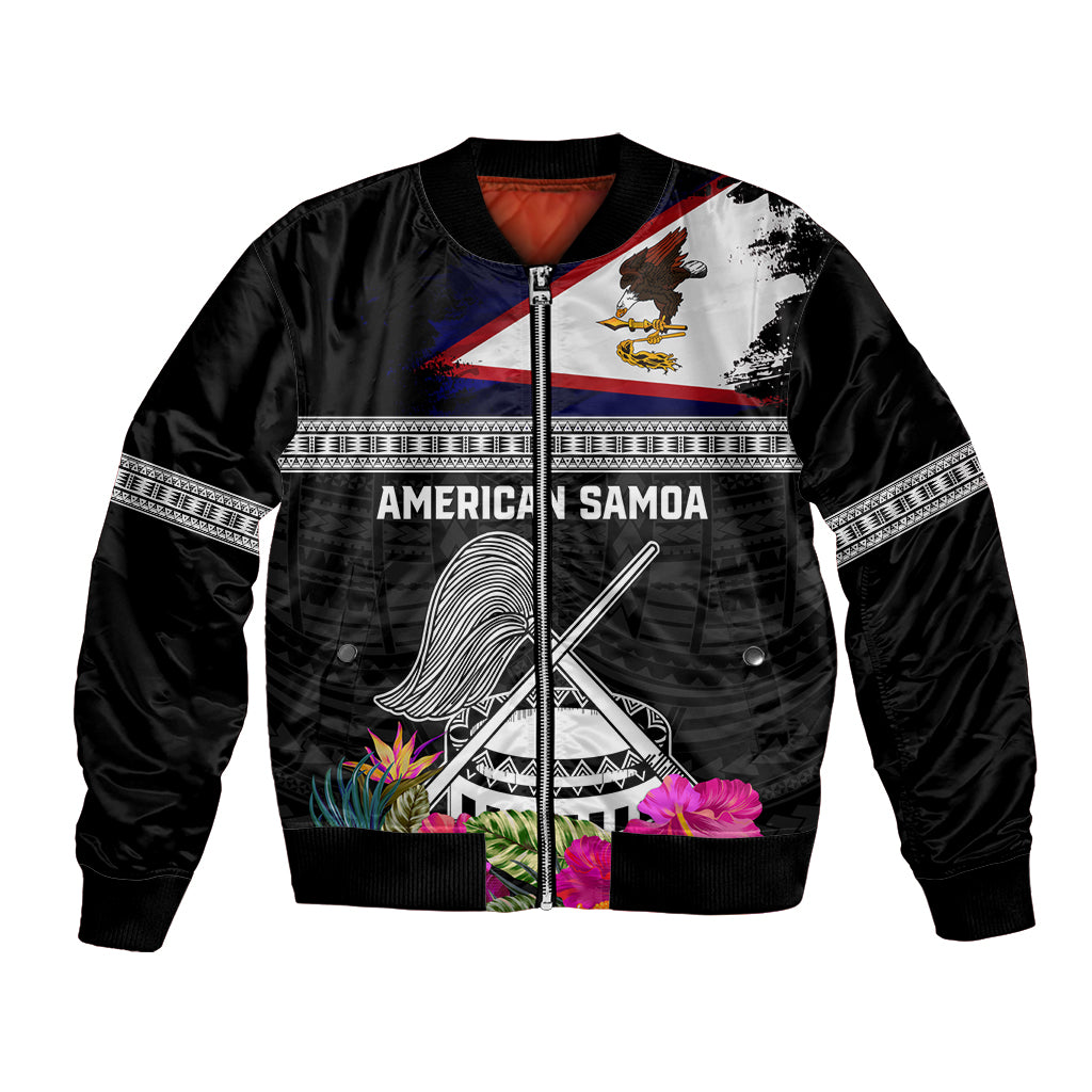 Personalized American Samoa Flag Day Bomber Jacket Tanoa and Fue mix Hibiscus Flower Polynesian Pattern