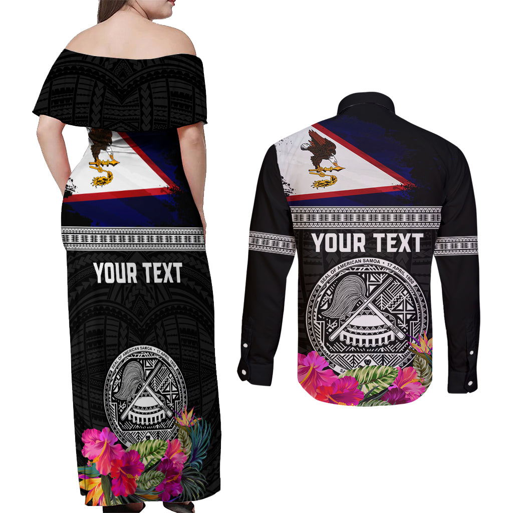 Personalized American Samoa Flag Day Couples Matching Off Shoulder Maxi Dress and Long Sleeve Button Shirt Tanoa and Fue mix Hibiscus Flower Polynesian Pattern