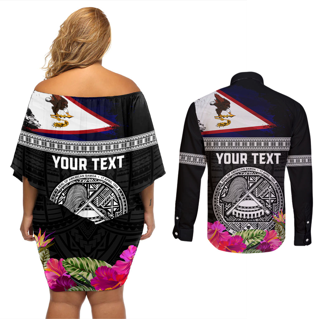 Personalized American Samoa Flag Day Couples Matching Off Shoulder Short Dress and Long Sleeve Button Shirt Tanoa and Fue mix Hibiscus Flower Polynesian Pattern