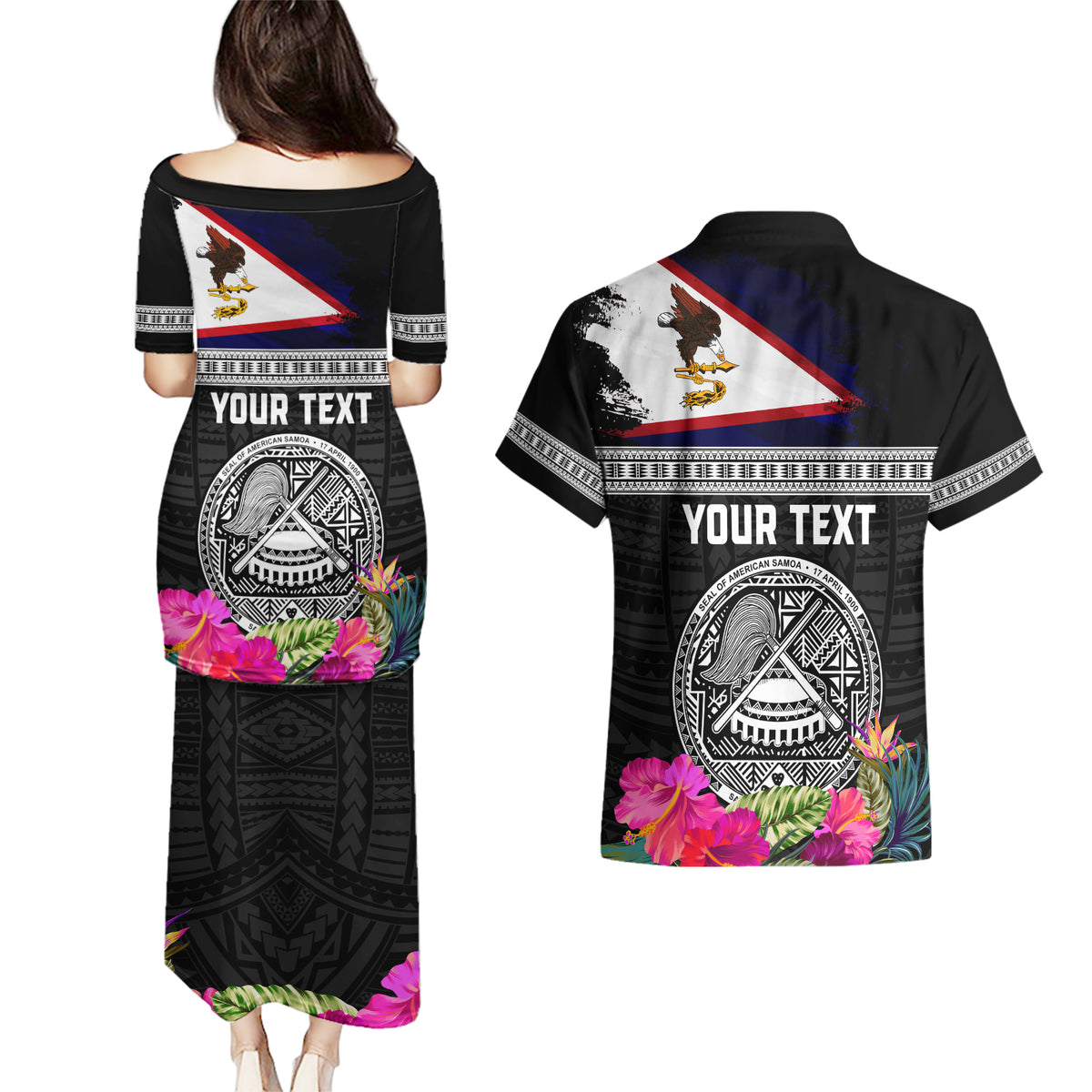 Personalized American Samoa Flag Day Couples Matching Puletasi and Hawaiian Shirt Tanoa and Fue mix Hibiscus Flower Polynesian Pattern