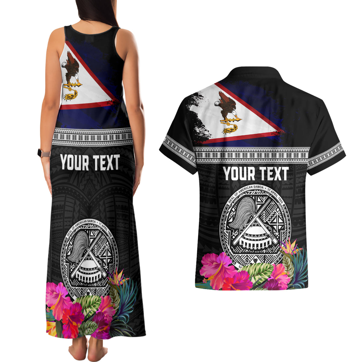 Personalized American Samoa Flag Day Couples Matching Tank Maxi Dress and Hawaiian Shirt Tanoa and Fue mix Hibiscus Flower Polynesian Pattern
