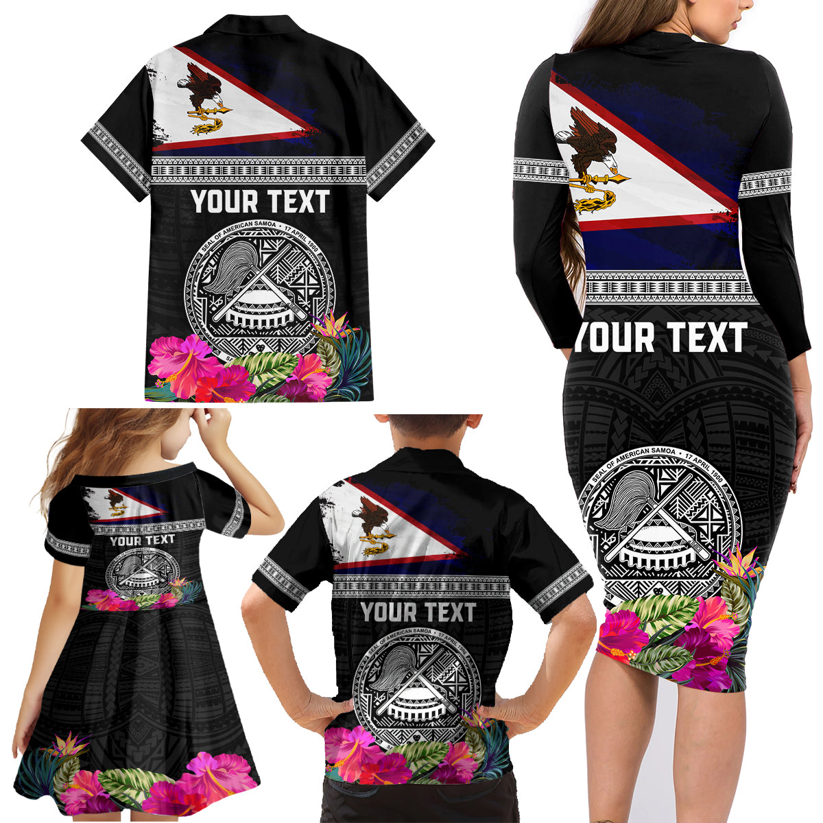Personalized American Samoa Flag Day Family Matching Long Sleeve Bodycon Dress and Hawaiian Shirt Tanoa and Fue mix Hibiscus Flower Polynesian Pattern LT03 - Polynesian Pride