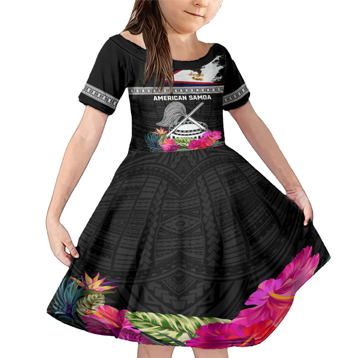 Personalized American Samoa Flag Day Family Matching Mermaid Dress and Hawaiian Shirt Tanoa and Fue mix Hibiscus Flower Polynesian Pattern LT03 Daughter's Dress Black - Polynesian Pride