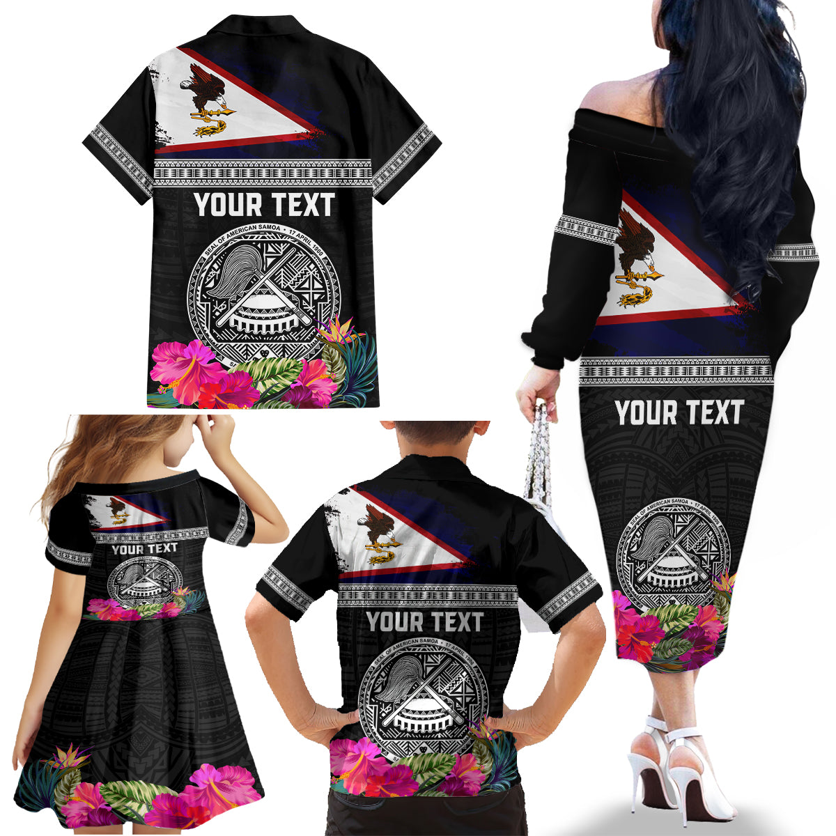 Personalized American Samoa Flag Day Family Matching Off The Shoulder Long Sleeve Dress and Hawaiian Shirt Tanoa and Fue mix Hibiscus Flower Polynesian Pattern LT03 - Polynesian Pride