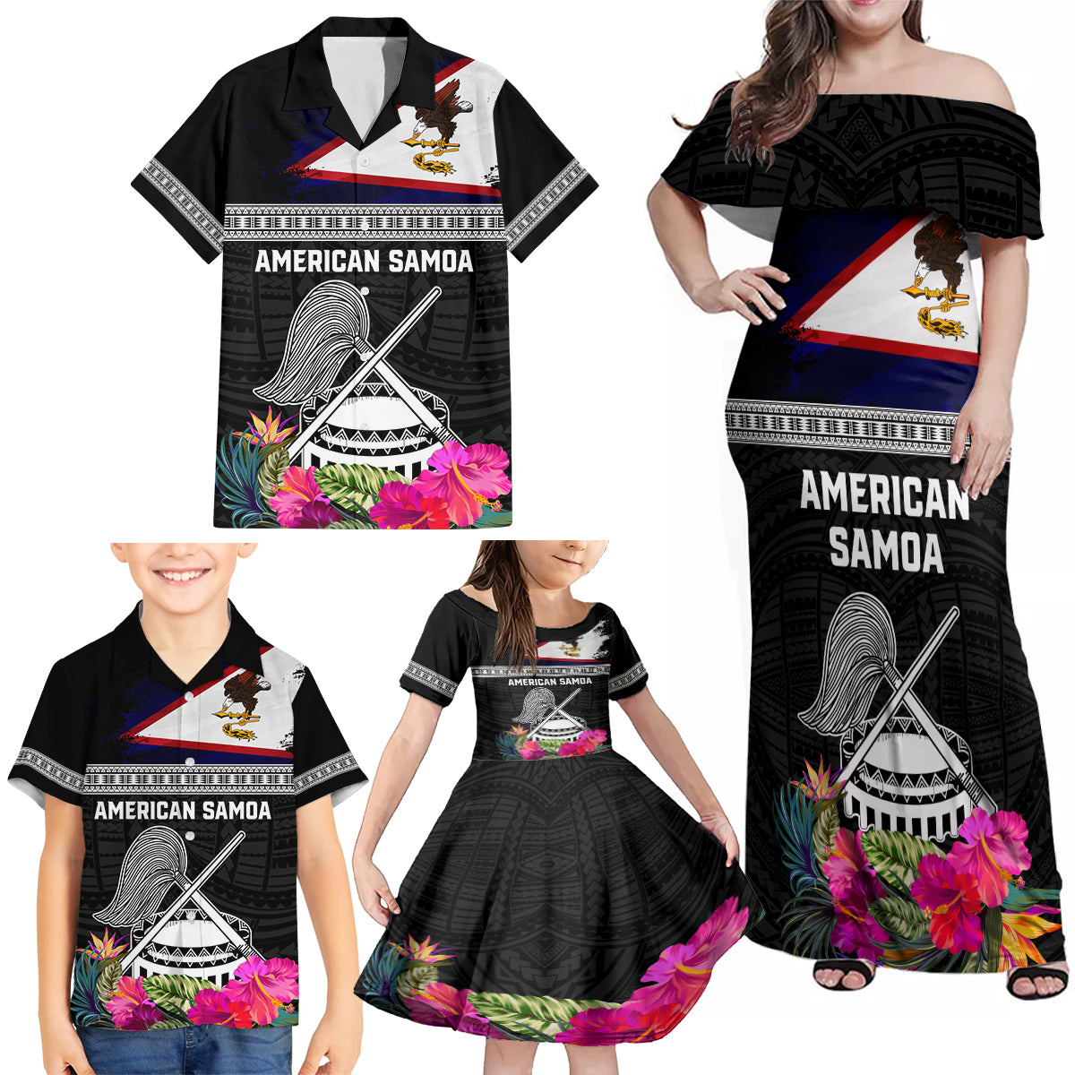 Personalized American Samoa Flag Day Family Matching Off Shoulder Maxi Dress and Hawaiian Shirt Tanoa and Fue mix Hibiscus Flower Polynesian Pattern LT03 - Polynesian Pride
