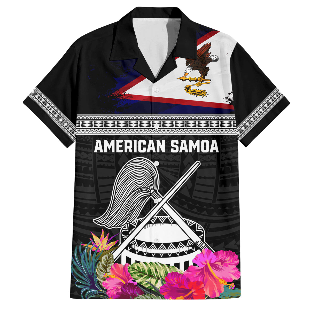Personalized American Samoa Flag Day Family Matching Off Shoulder Maxi Dress and Hawaiian Shirt Tanoa and Fue mix Hibiscus Flower Polynesian Pattern LT03 Dad's Shirt - Short Sleeve Black - Polynesian Pride