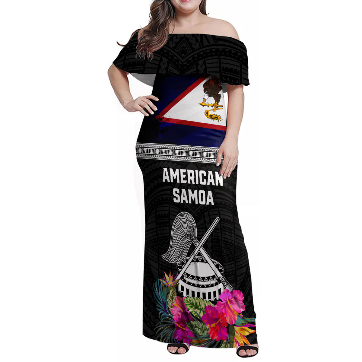 Personalized American Samoa Flag Day Family Matching Off Shoulder Maxi Dress and Hawaiian Shirt Tanoa and Fue mix Hibiscus Flower Polynesian Pattern LT03 Mom's Dress Black - Polynesian Pride