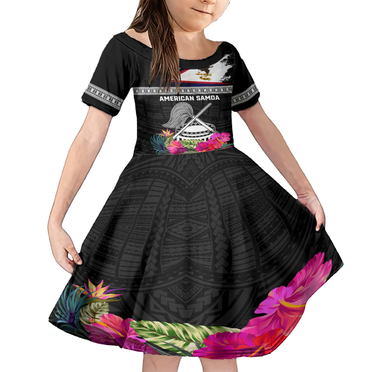 Personalized American Samoa Flag Day Family Matching Off Shoulder Short Dress and Hawaiian Shirt Tanoa and Fue mix Hibiscus Flower Polynesian Pattern LT03 Daughter's Dress Black - Polynesian Pride