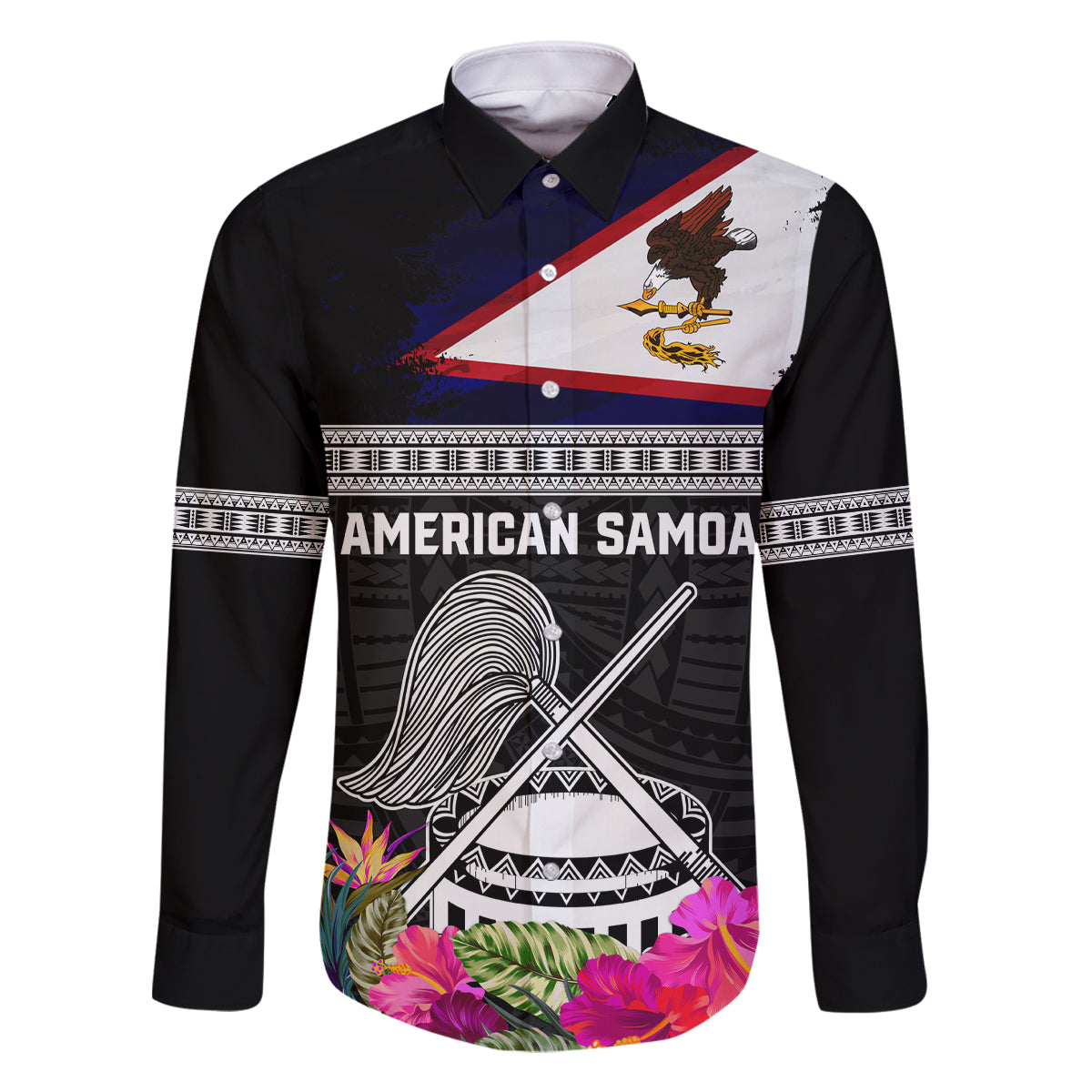Personalized American Samoa Flag Day Family Matching Summer Maxi Dress and Hawaiian Shirt Tanoa and Fue mix Hibiscus Flower Polynesian Pattern LT03 Dad's Shirt - Long Sleeve Black - Polynesian Pride
